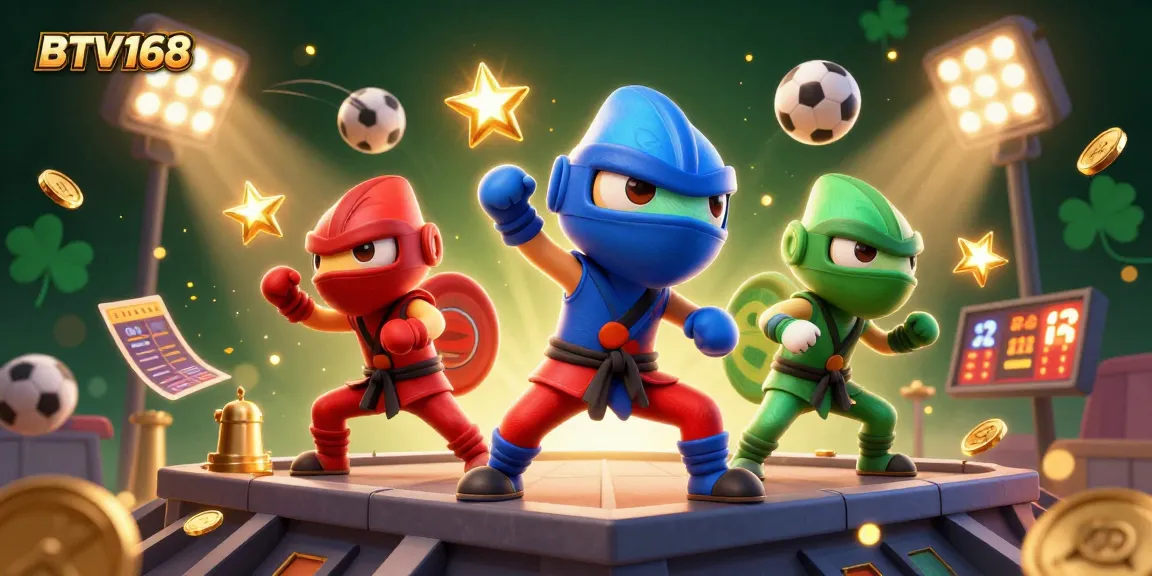 BTV168 showcases a dynamic scene of ninja chameleons in martial arts amidst flying sports elements and golden coins.