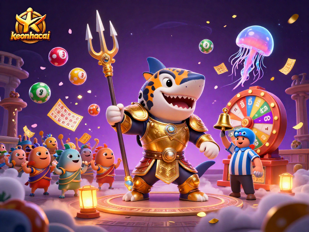 Engaging action with keonhacai, featuring a gladiatorial shark and dynamic lottery game elements.