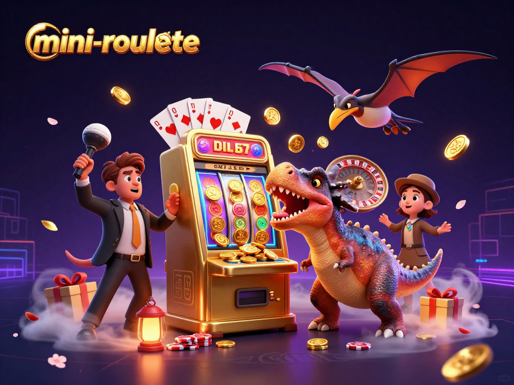Mini-roulette scene with dinosaurs interacting with a slot machine amidst flying coins.