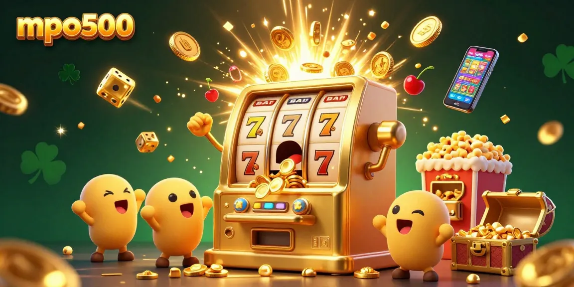 The mpo500 slot machine surprises players with jackpot coins pouring out, showcasing dynamic casino excitement.