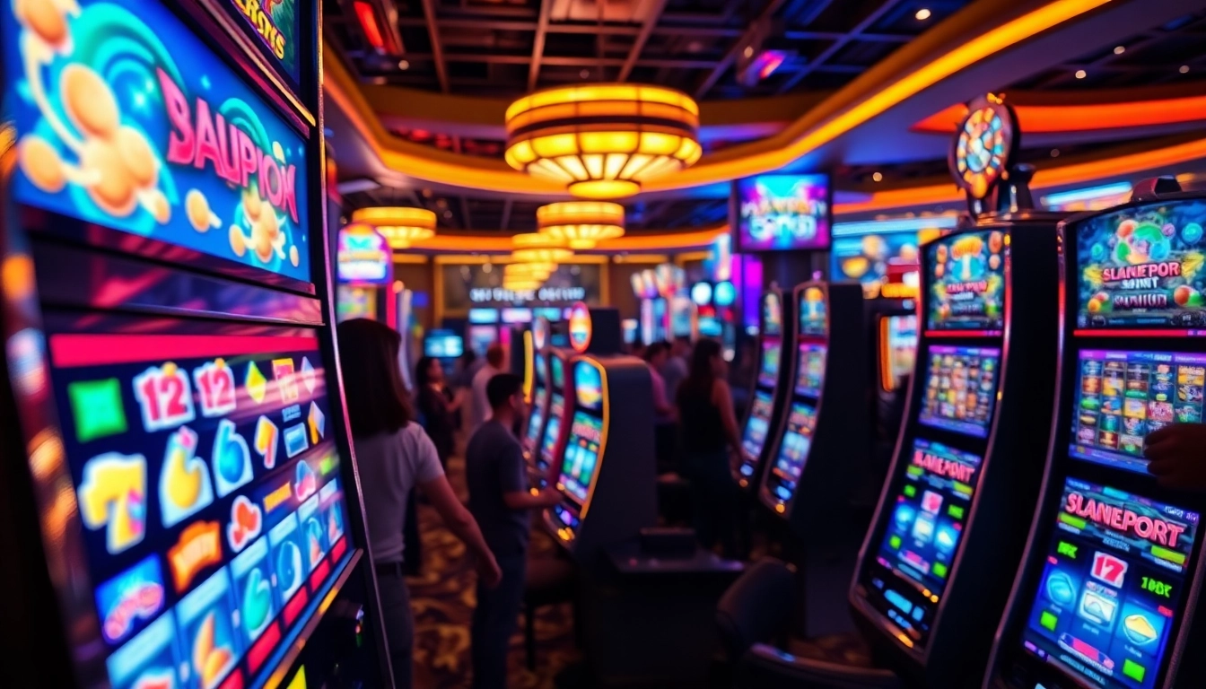 Engage with the vibrant slot gambling experience in a lively casino setting with exciting slot machines.