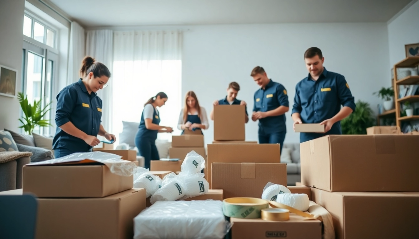 Team providing professional packing services in a bright living room, showcasing organized supplies.