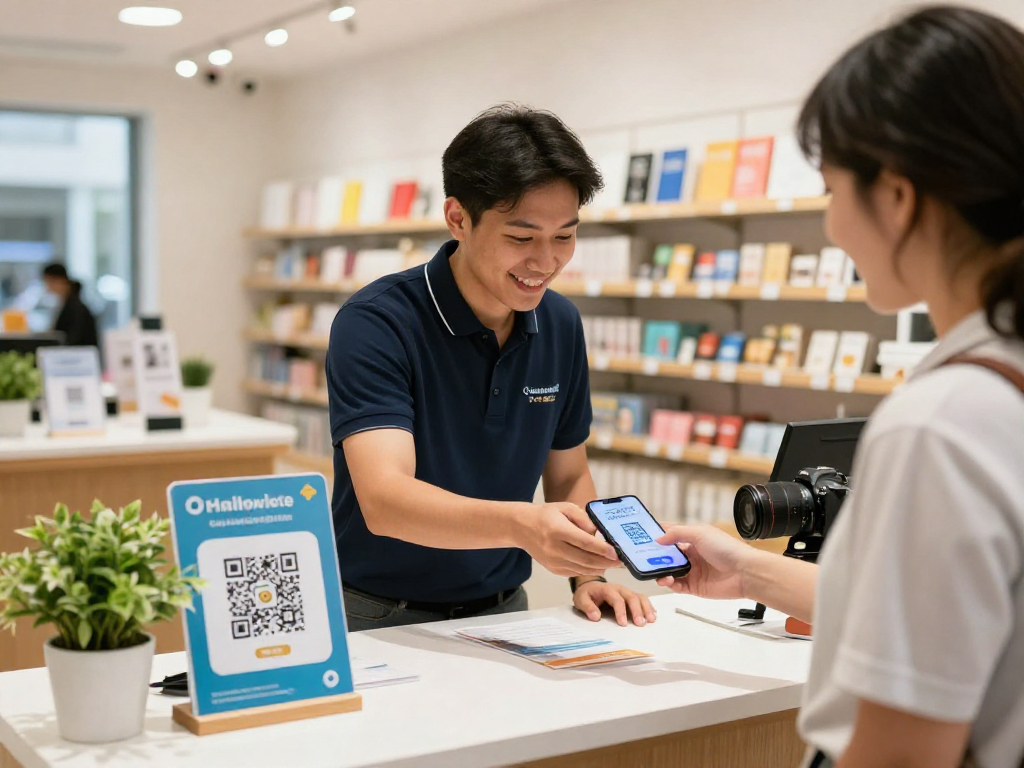 Customer scanning a QR code using loyalty software for rewards at a retail shop.