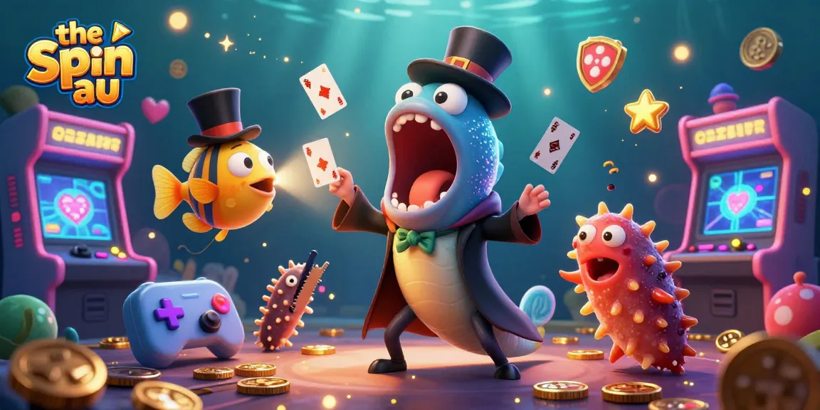 Engage with the spin au as a bioluminescent eel performs dazzling card tricks in a lively casino scene.