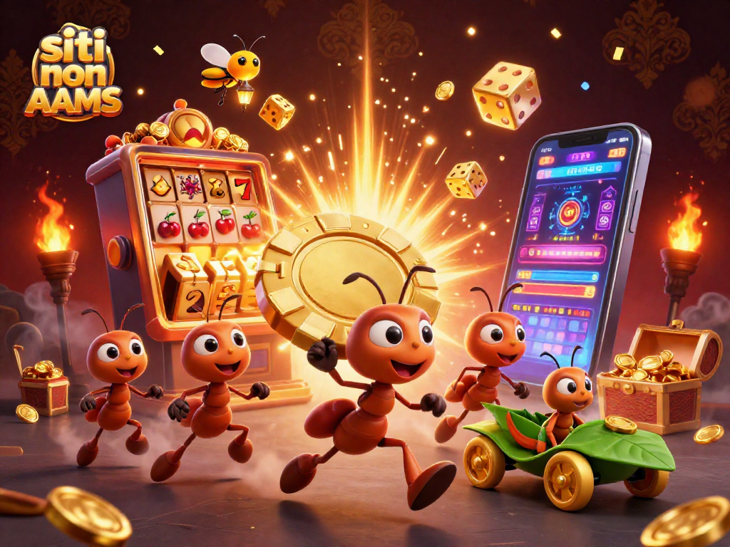 Scopri i siti non AAMS con un'illustrazione dinamica di un team di formiche in azione nel mondo del gioco.