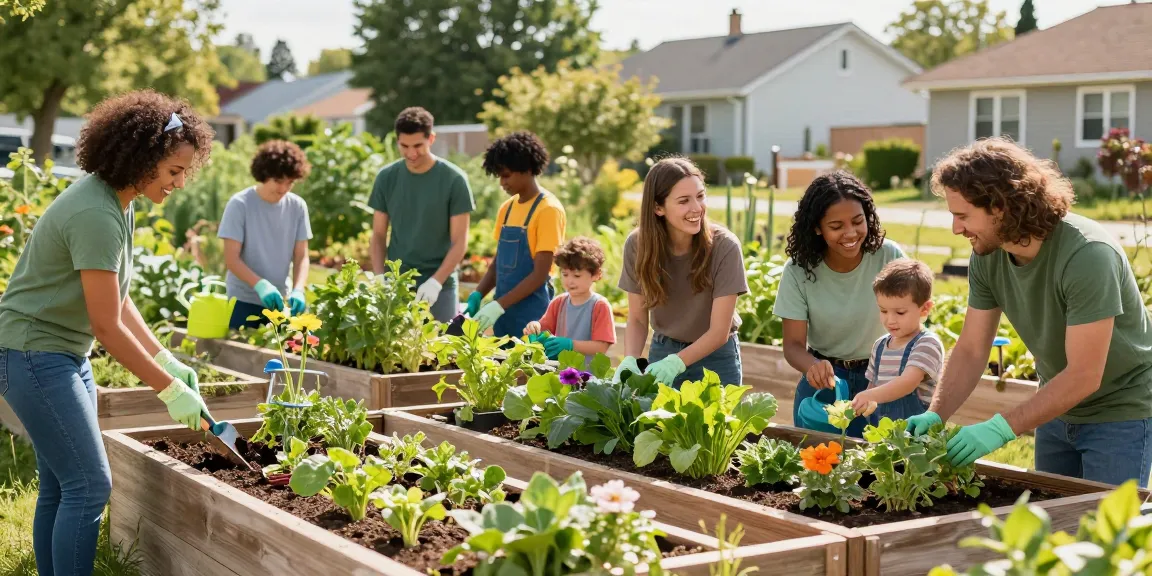 Community garden project showcasing m98 sustainability efforts with volunteers planting greens