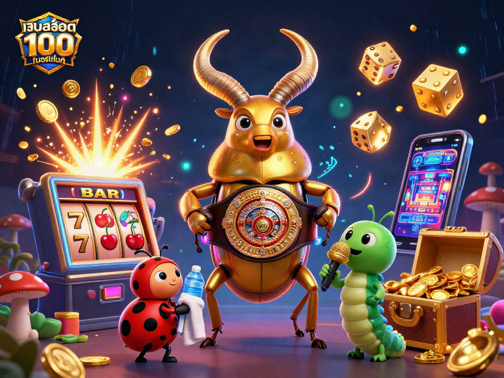 Experience เว็บสล็อต แท้ 100 เปอร์เซ็นต์ in action with a vibrant 3D casino showdown illustration featuring iconic characters.
