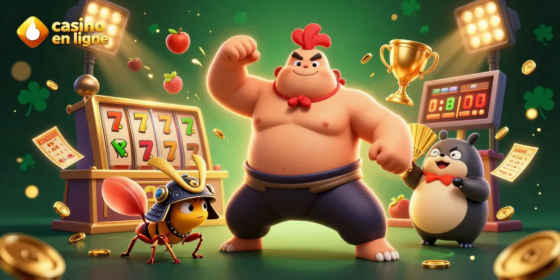 Vivez l'excitation du casino en ligne avec cette illustration captivante, incluant un sumo puissant et un cricket samouraï.
