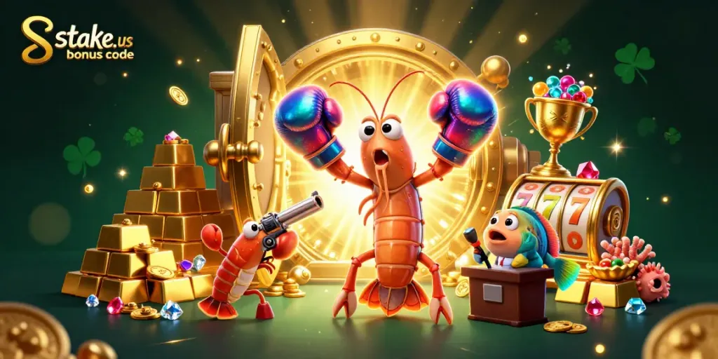 Engage with the excitement of stake.us bonus code promotions in a vibrant casino-themed illustration packed with treasure.