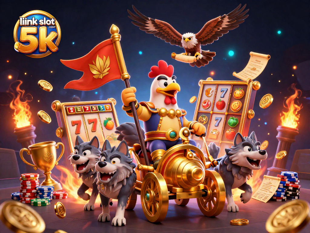 Exciting illustration of link slot depo 5k showcasing a rooster warlord on a golden chariot among slot reels and dynamic game elements.