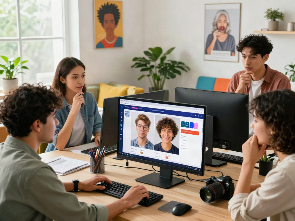 Group of friends exploring how old do I look using an AI app in a bright office.