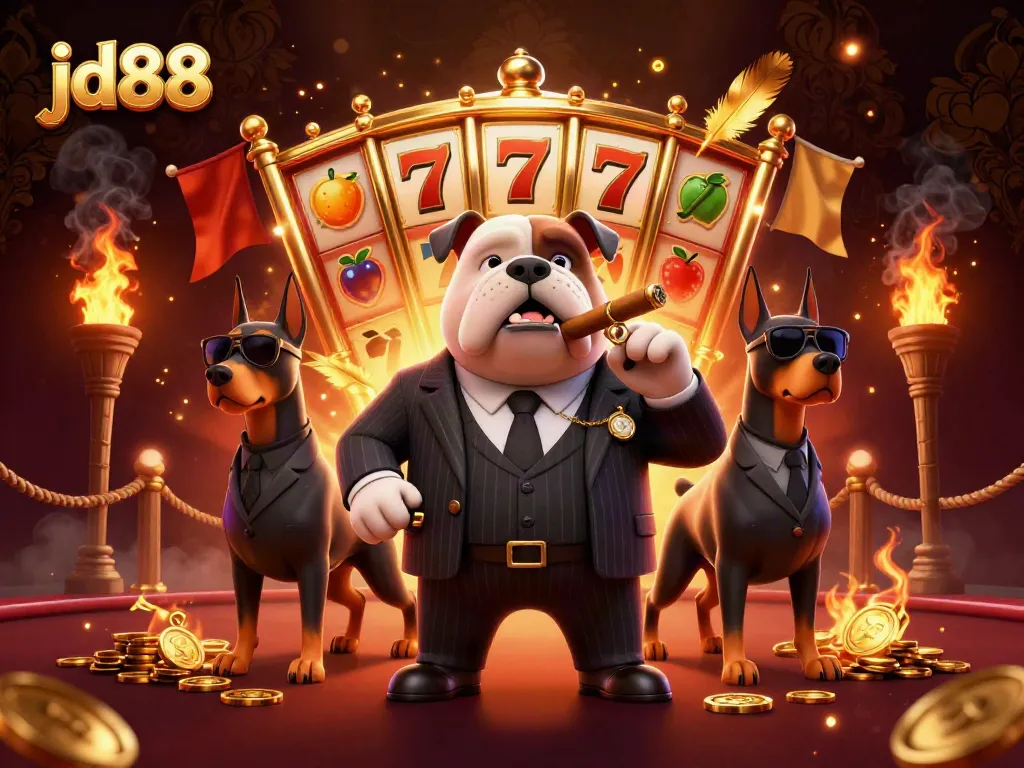 Experience high-stakes action at jd88 with a cartoon mafia bulldog and bodyguard Dobermans in a vibrant casino scene.