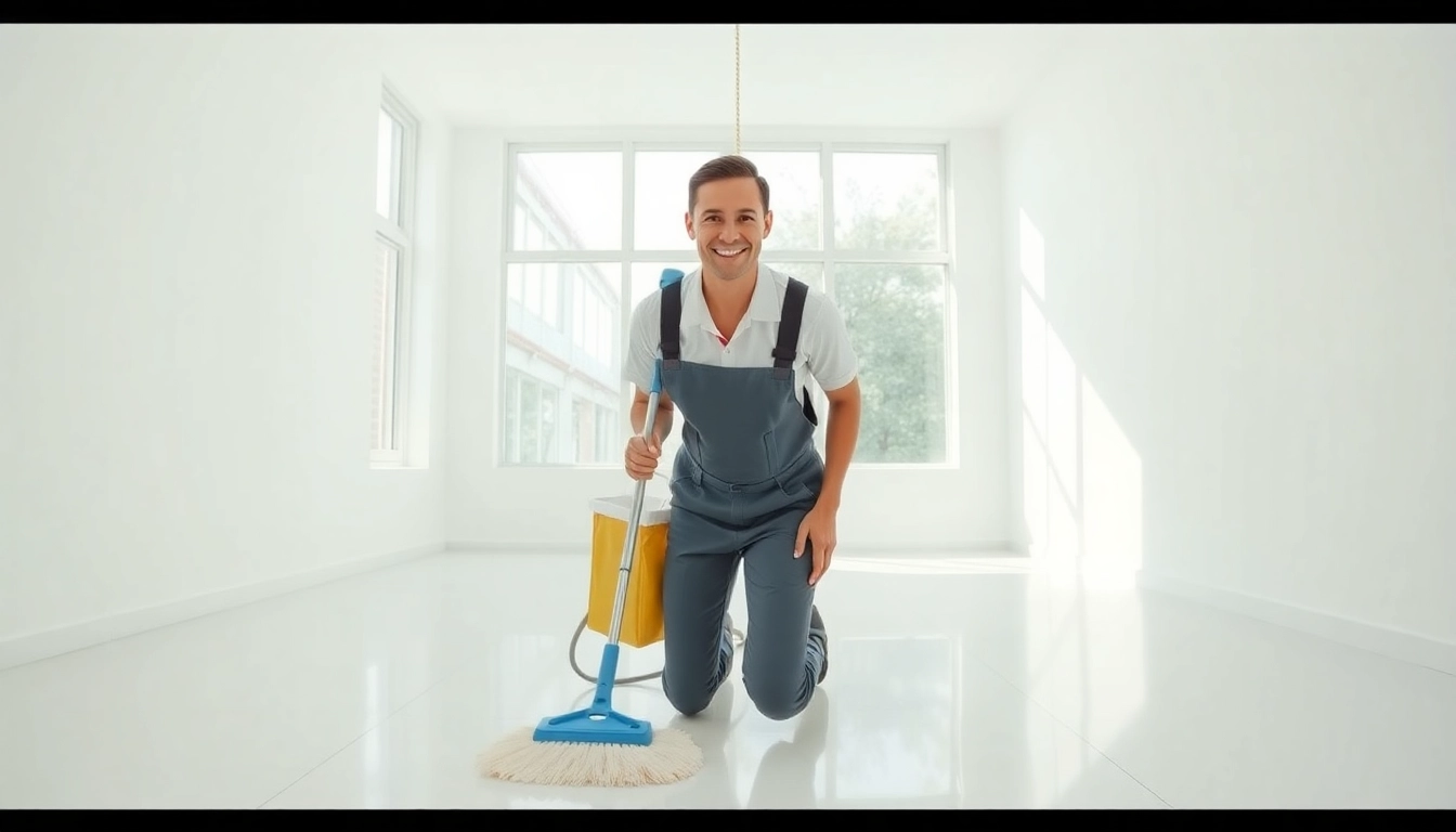 Bond cleaning expert thoroughly scrubbing a spotless room with natural light.