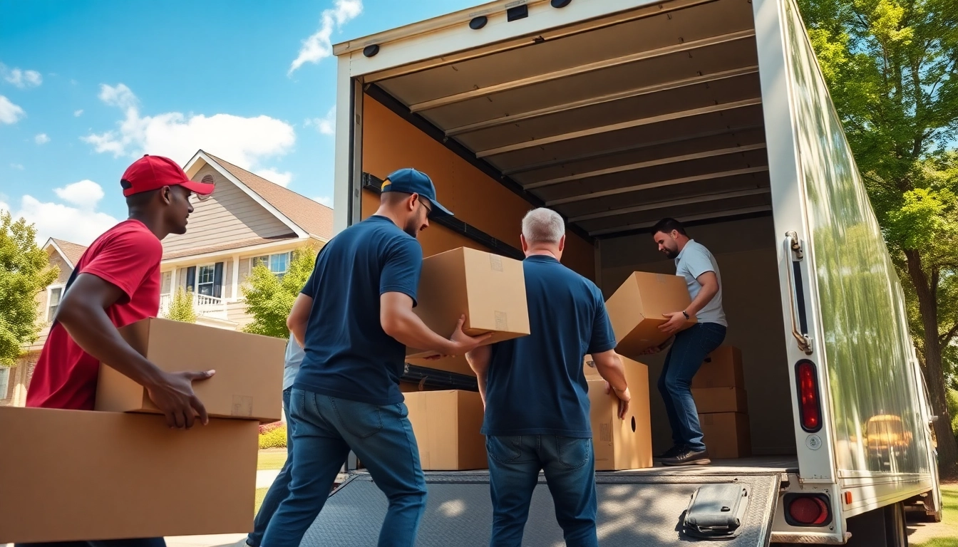 Movers Montgomery AL efficiently packing a truck with boxes and furniture in a suburban setting.