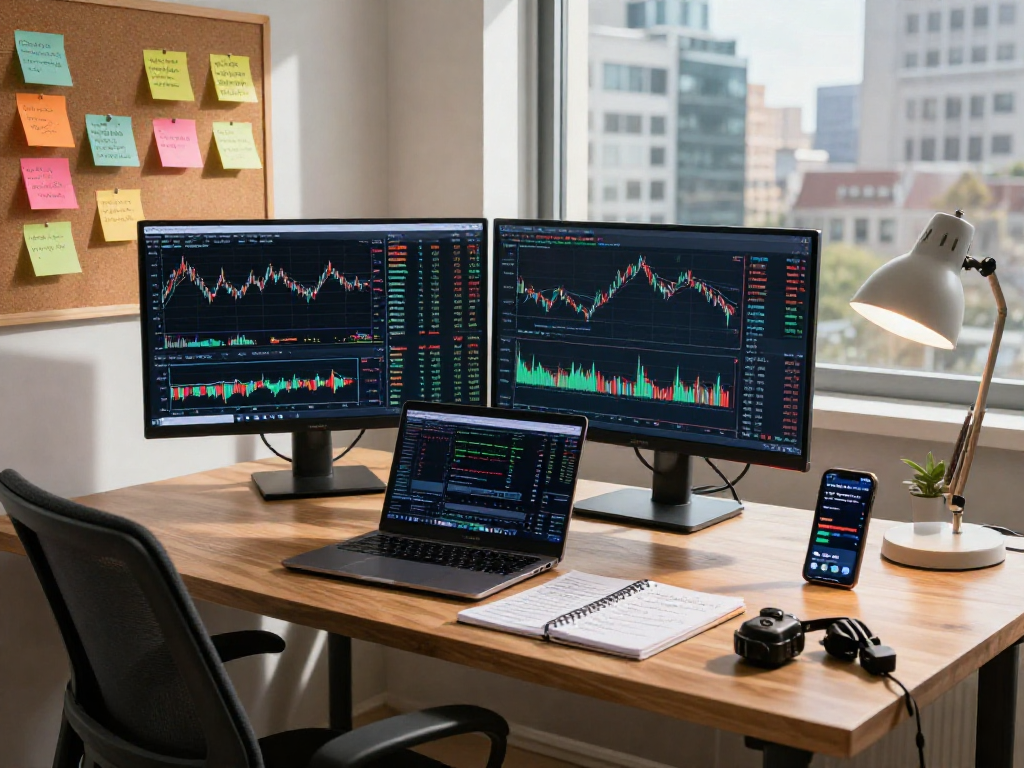 Traders using TradingView for analysis in an inspiring workspace with multiple screens and market alerts.