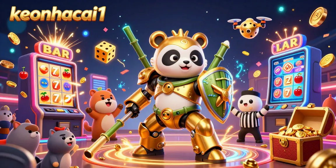 Join the fun at keonhacai1 with a vibrant 3D scene of a golden panda pilot in a thrilling casino showdown.