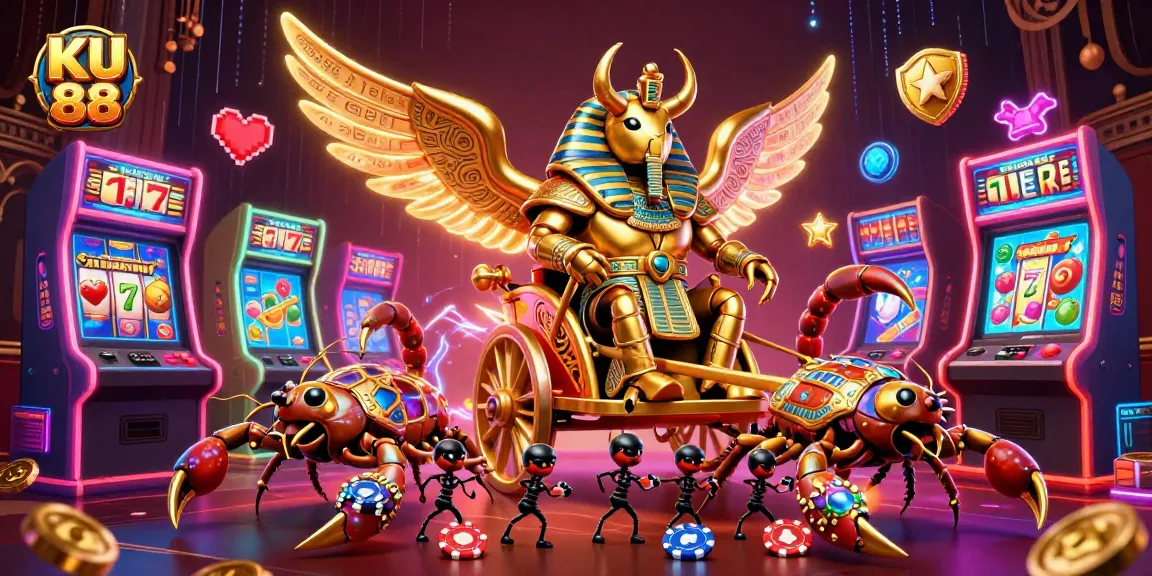 Spin the reels and win at KU 88 with this dynamic casino scene featuring vibrant elements and characters.