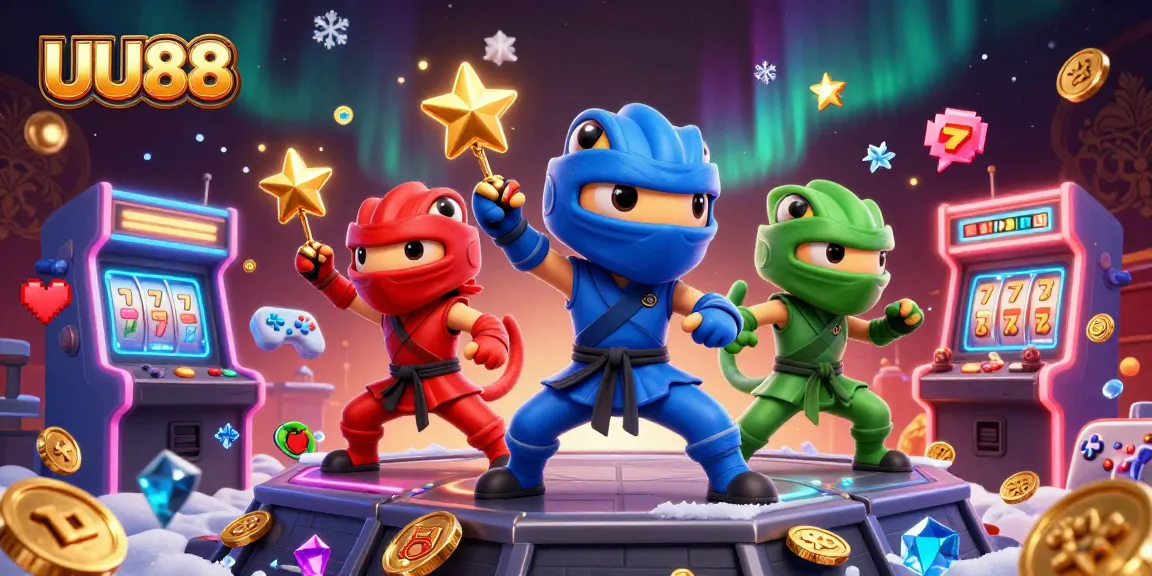 UU88 chameleons executing martial arts with slot reels and arcade elements in a dynamic casino scene