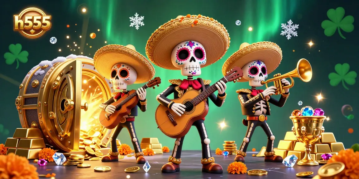 Win big with h555 at an exciting casino scene featuring a lively mariachi band and treasures!
