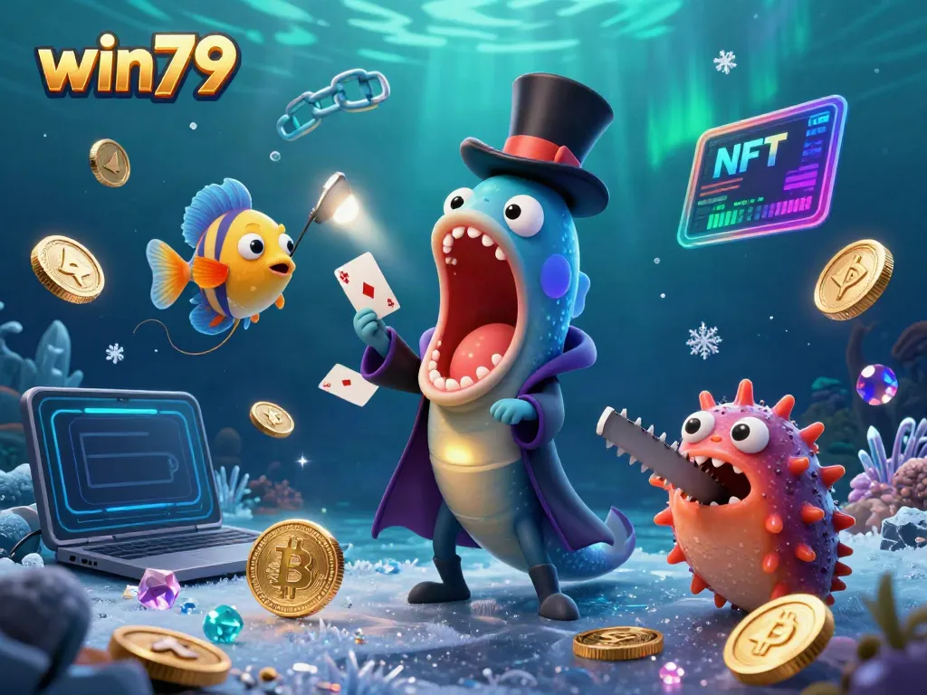 Engage in thrilling card tricks at win79, illuminated by glowing crypto coins underwater.