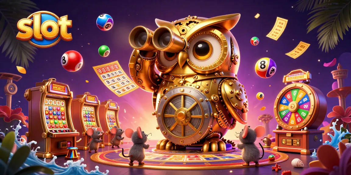 Engage with slots at a vibrant casino featuring a golden owl guarding the games