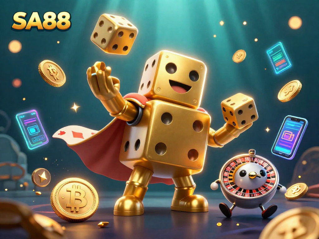 SA88 showcases a lively 3D scene with a golden dice golem and crypto coins, perfect for gambling enthusiasts.
