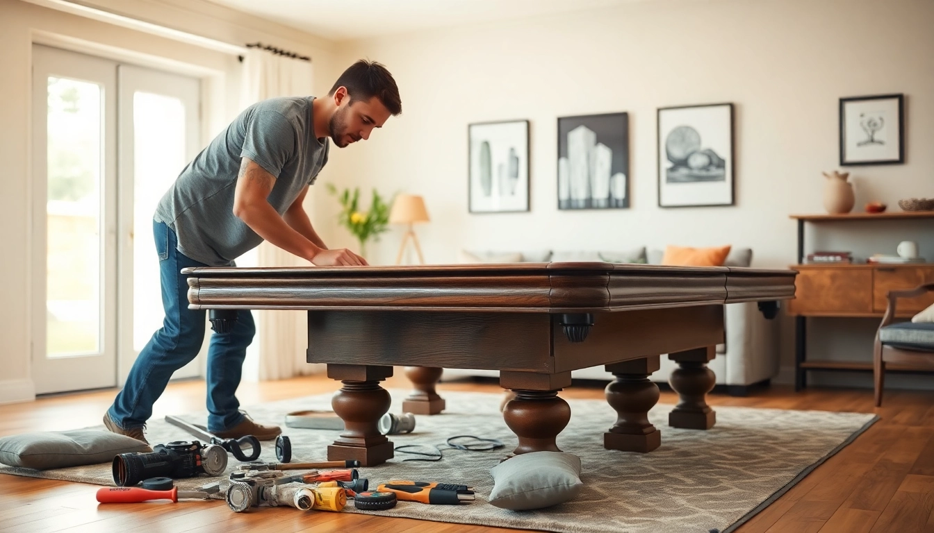 Pool table mover expertly disassembling a vintage pool table in a well-lit room.