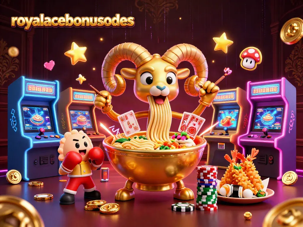 Win big with royalacebonuscodes as a giant ramen bowl dealer offers vibrant casino game action.