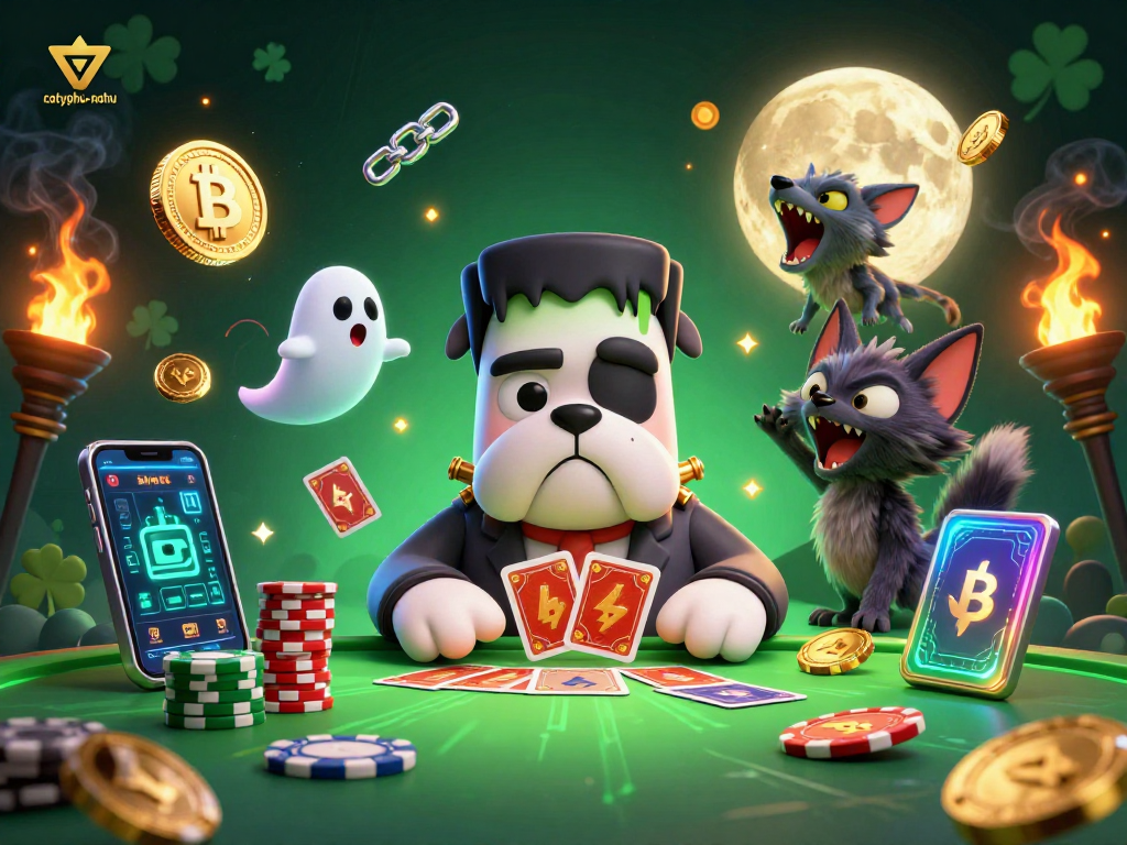 Engage with cotyphu-nohu at a haunted casino table featuring a bulldog monster, ghost mouse, and werewolf kitten.