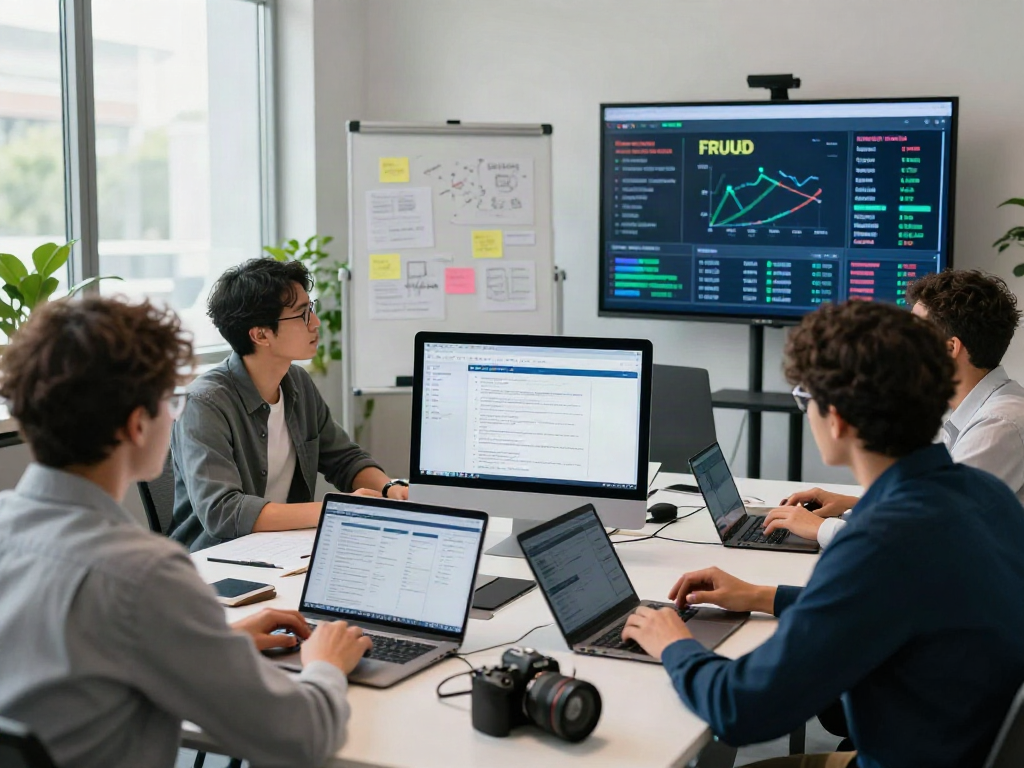 Team collaborating on document fraud detection software in a modern office.