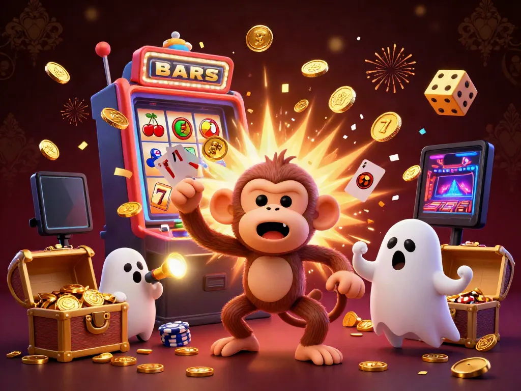 Engage with slot resmi as a golden monkey juggles dazzling treasures in a haunted casino scene.