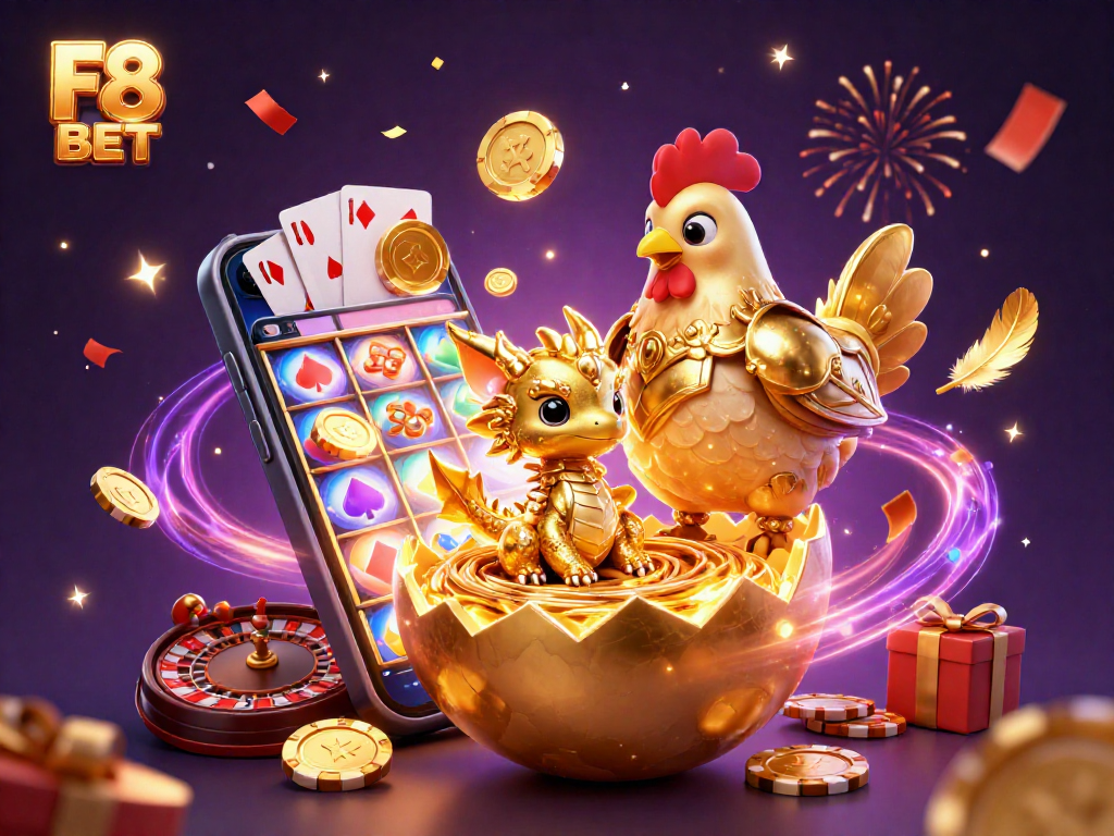 Experience the vibrant excitement of F8 BET with this chaotic scene featuring a golden dragon and slot games.