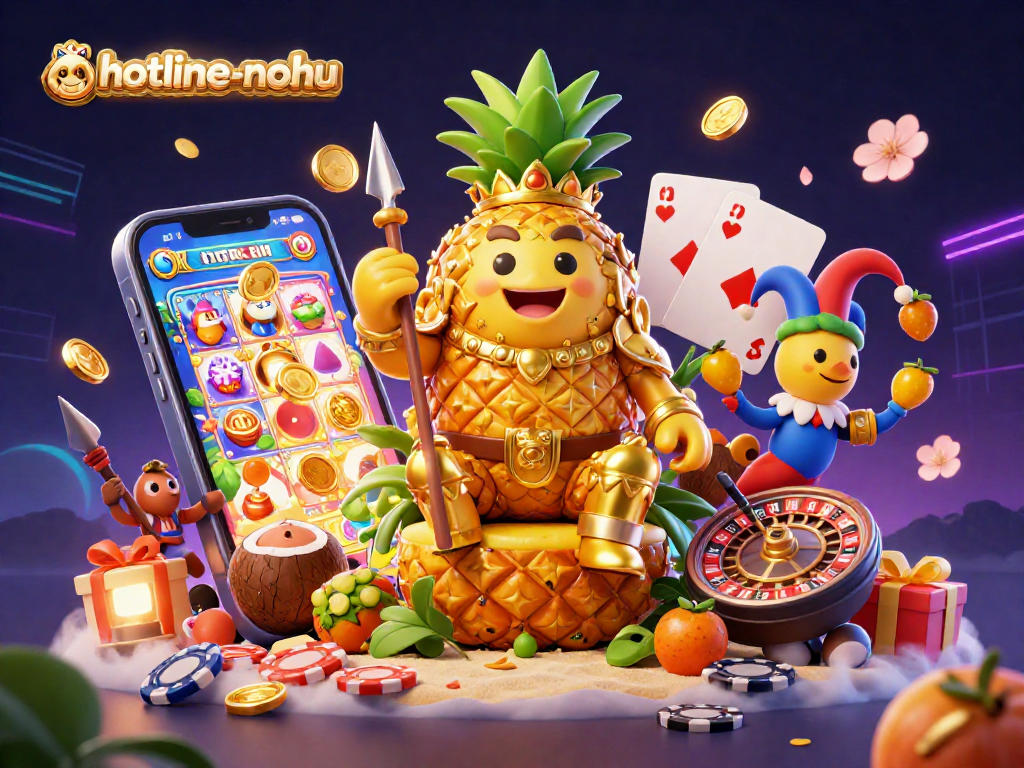 Engage with hotline-nohu's vibrant casino scene featuring a golden pineapple king and dynamic gaming elements.