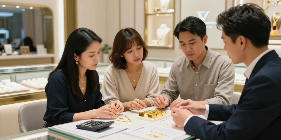 Couple consulting about gold jewelry at mantra88 with elegant displays.