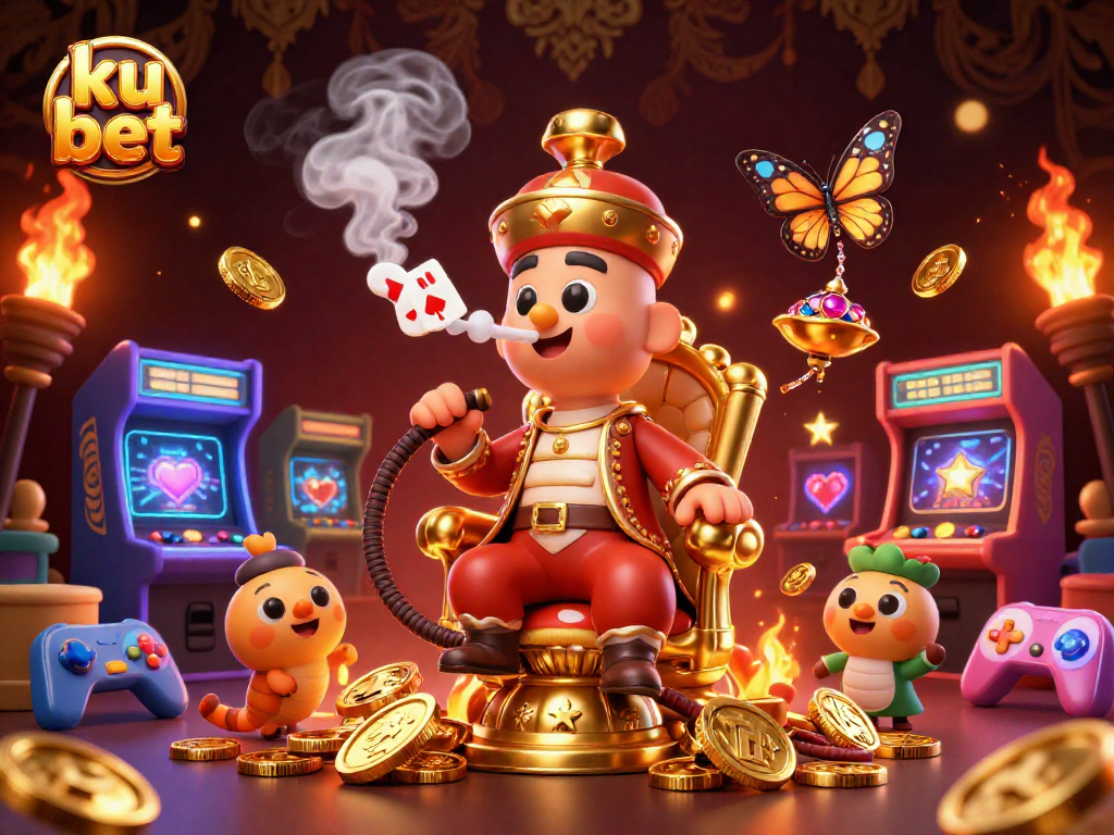 Play poker with ku bet as a 3D caterpillar master conducts a vibrant casino scene.