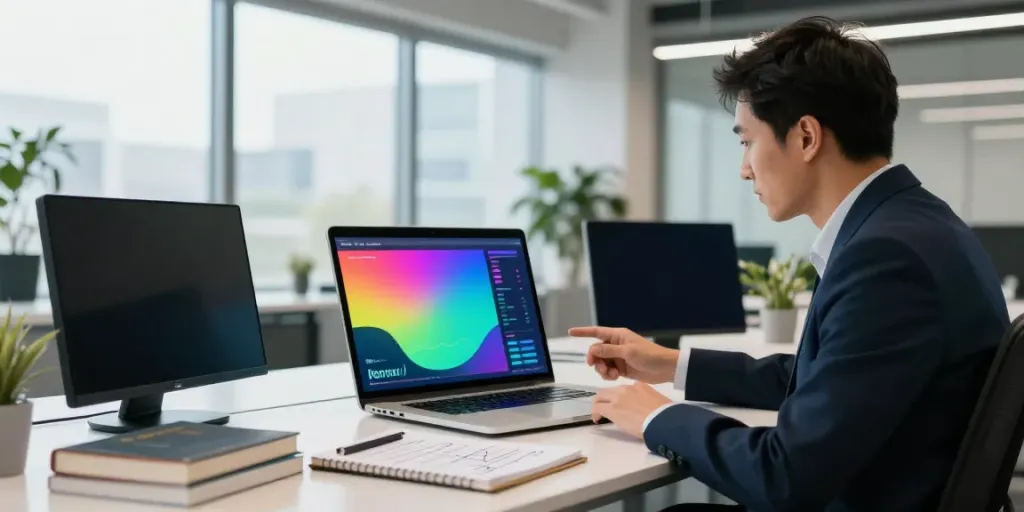 Marketing expert analyzing a peptide affiliate program on a laptop in a modern office.