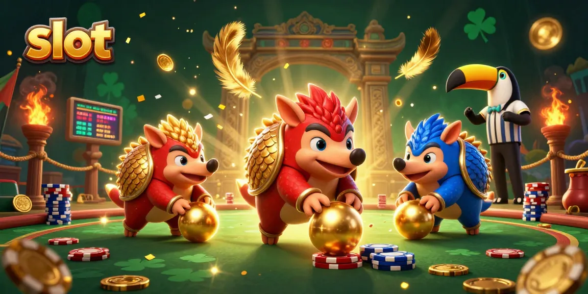 Slot memutar bola emas di antara chip poker dengan dua pangolin yang bersaing.