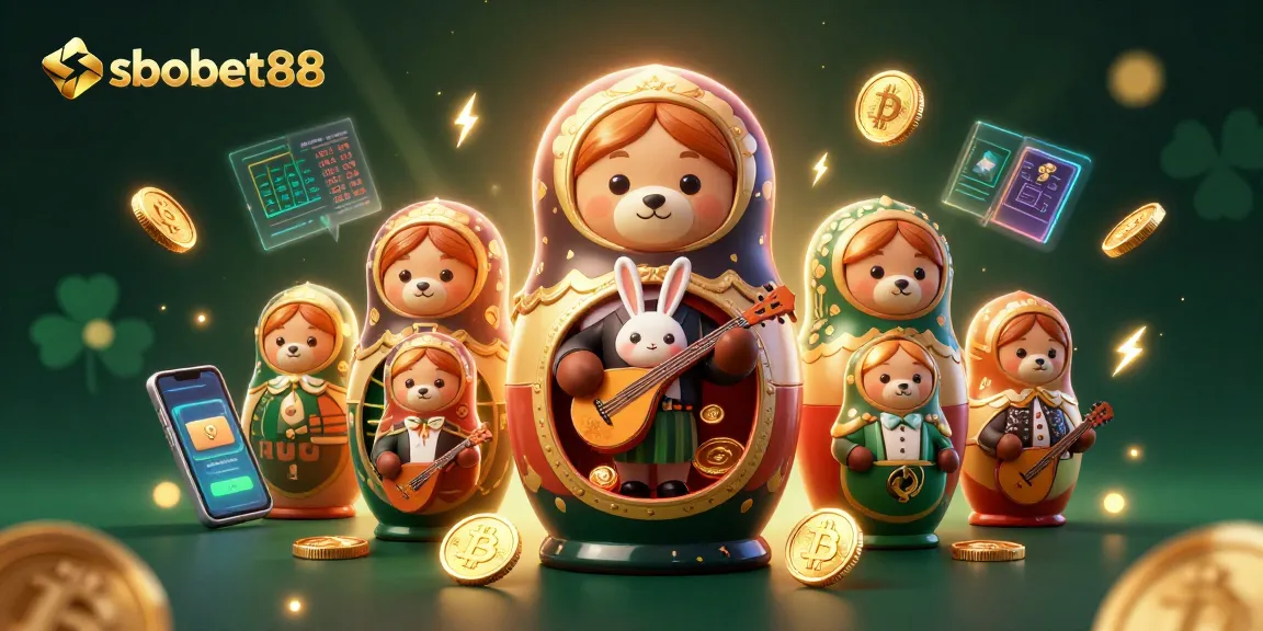 Engage with sbobet88's exciting features through interactive 3D casino-themed illustration showcasing vibrant digital elements.