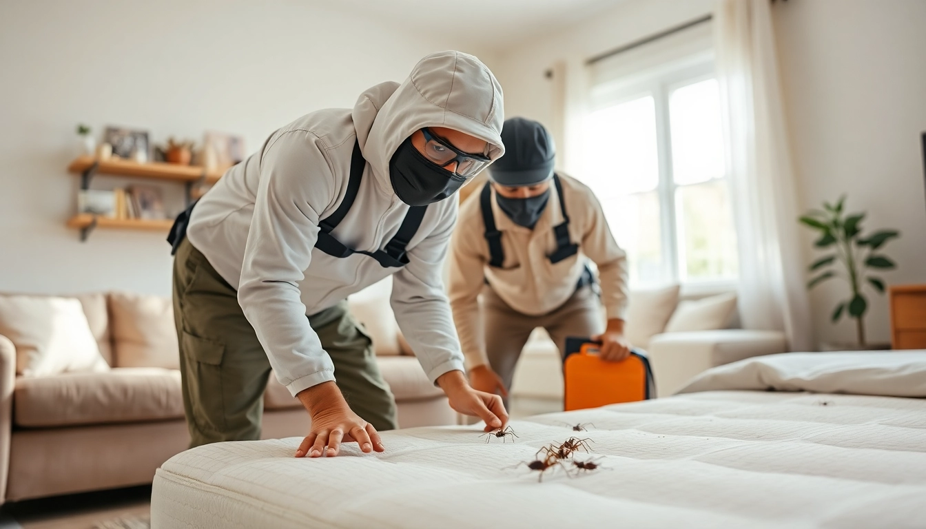 Professional bed bug exterminators inspecting a home for bed bugs.