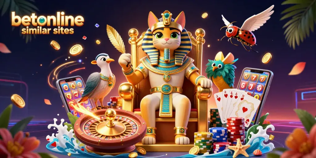 Experience betonline similar sites with vibrant 3D casino illustration featuring slots and gaming elements.