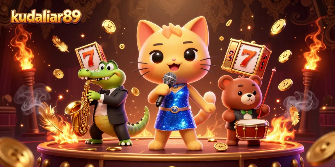 Experience the thrilling excitement of kudaliar89 with this vibrant casino scene full of lively characters and slot elements.