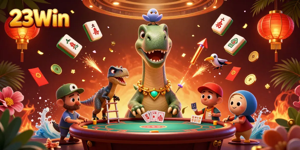 Engage in thrilling games at 23Win with the captivating 3D brontosaurus and raptor dealer scene.
