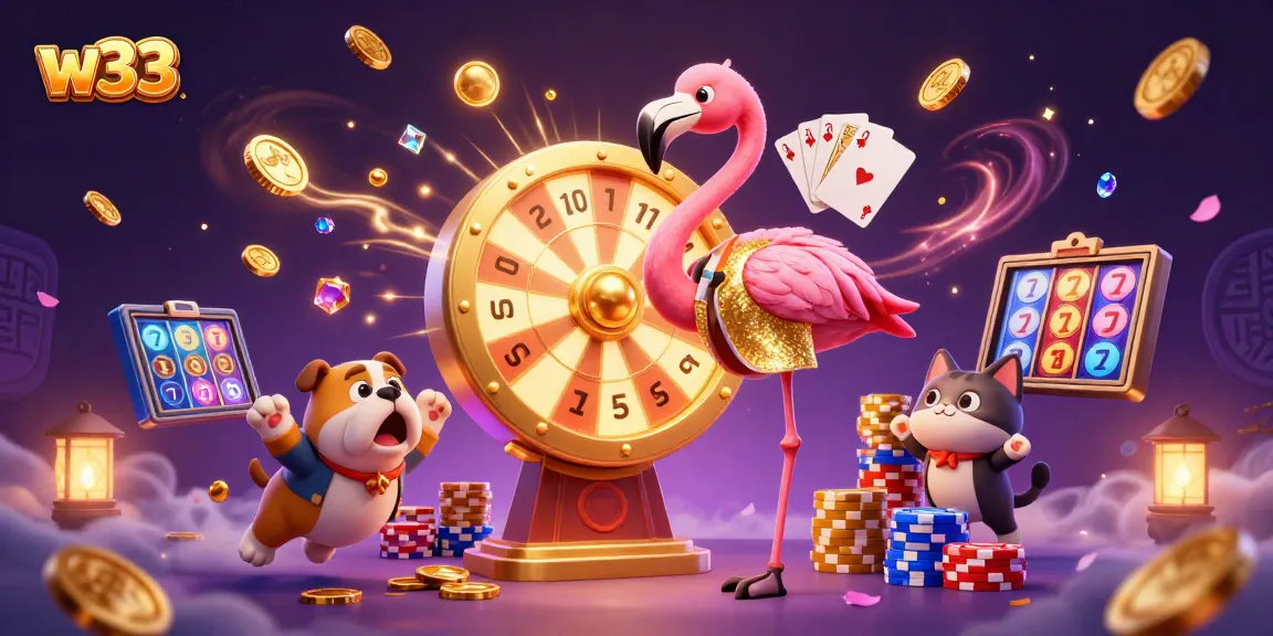 Spin the W33 prize wheel with exciting games, featuring vibrant colorful elements in a dynamic casino scene.