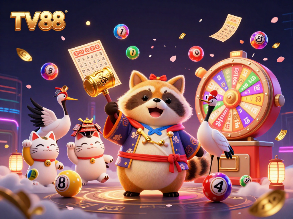 Spin and win at TV88 with dynamic slots and cheerful characters in vibrant casino scene.
