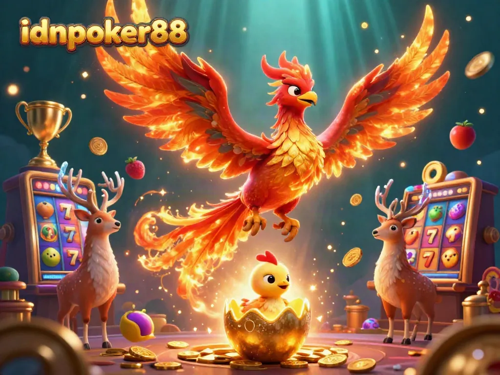Feel the thrill with idnpoker88 as a phoenix rises amidst slot machines, capturing winning moments.