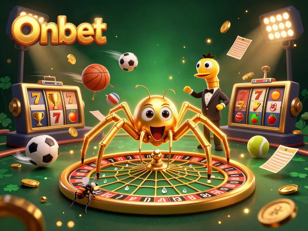 Experience thrilling Onbet action with a cartoon spider croupier, sports elements, and golden roulette!
