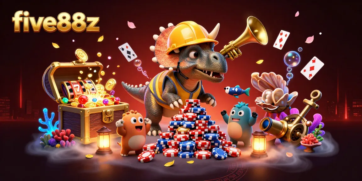 Experience five88z with a triceratops and friends celebrating gaming triumphs in vibrant casino art.