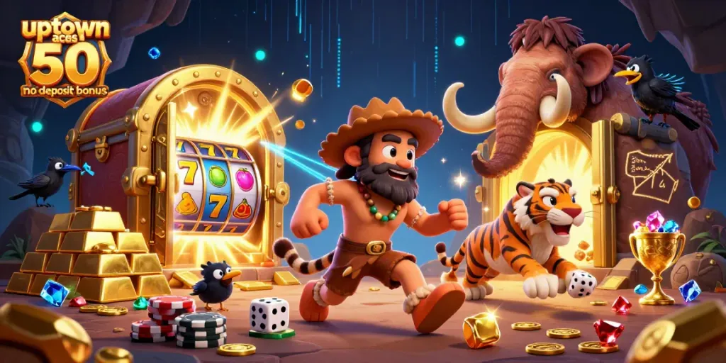 Claim the uptown aces 50 no deposit bonus at a vibrant prehistoric casino with treasures.