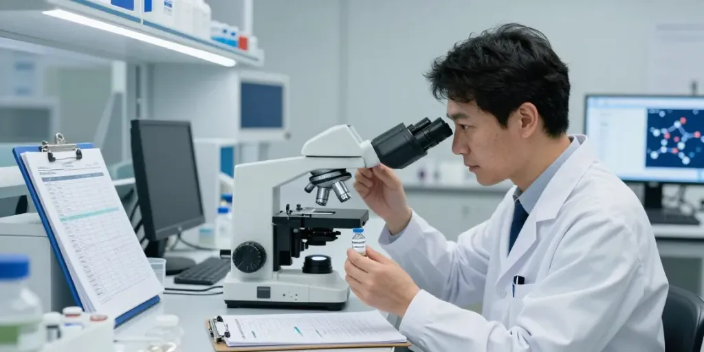 Examining Retatrutide peptide sample in a research lab environment.