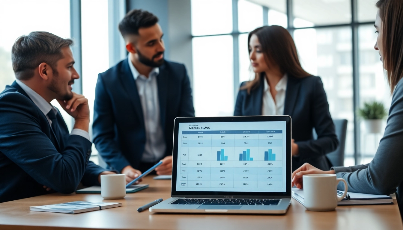 Comparing EE vs Three business plans in a professional meeting setting.